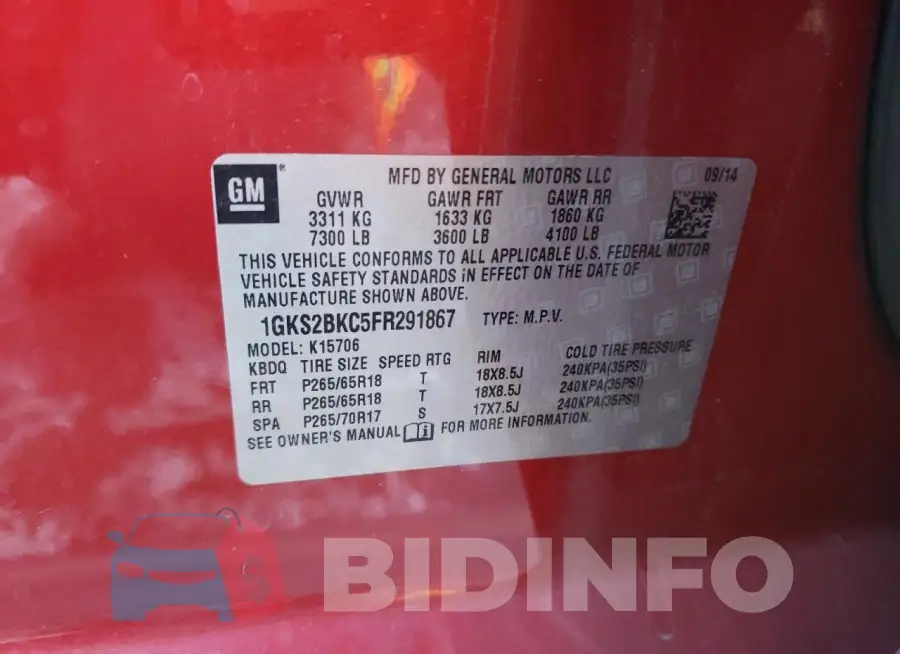 1GKS2BKC5FR291867 Photo# 13
