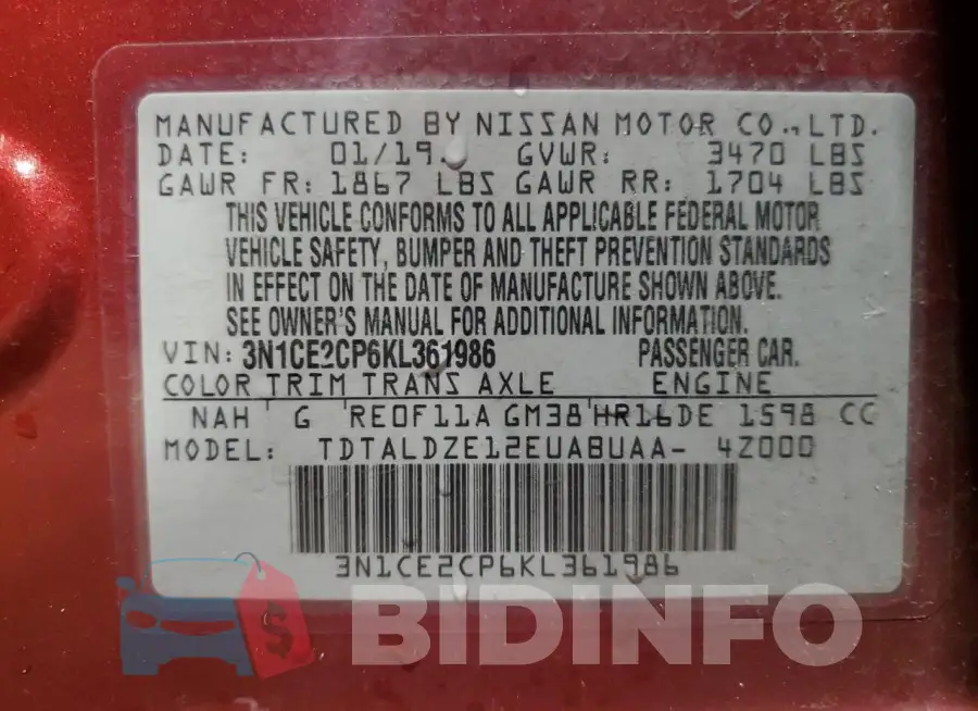 3N1CE2CP6KL361986 Photo# 13