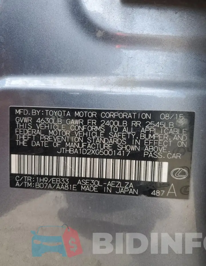 JTHBA1D2XG5001417 Photo# 13