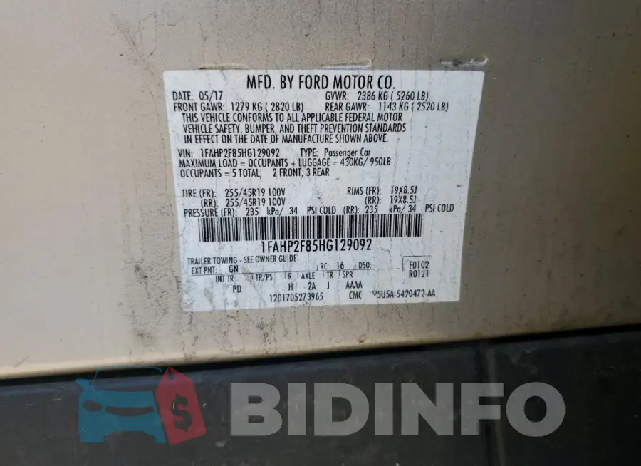 1FAHP2F85HG129092 Photo# 12