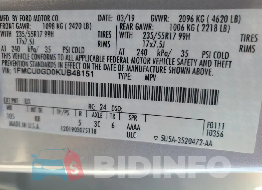 1FMCU0GD0KUB48151 Photo# 12
