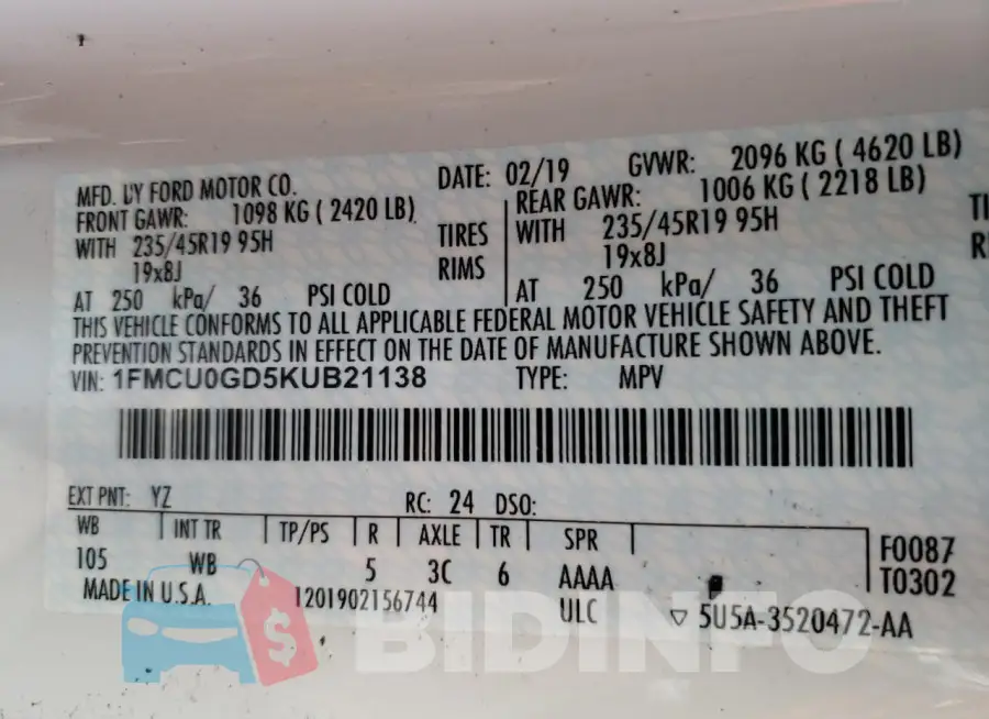 1FMCU0GD5KUB21138 Photo# 13