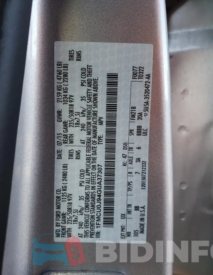 1FMCU0J94GUA37307 Photo# 12