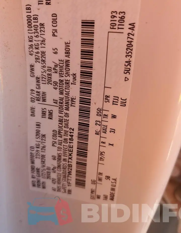 1FT7W2BTXKEE18412 Photo# 12