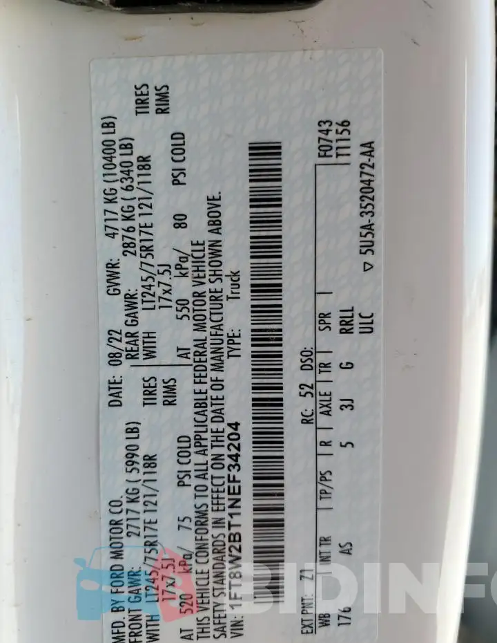 1FT8W2BT1NEF34204 Photo# 12