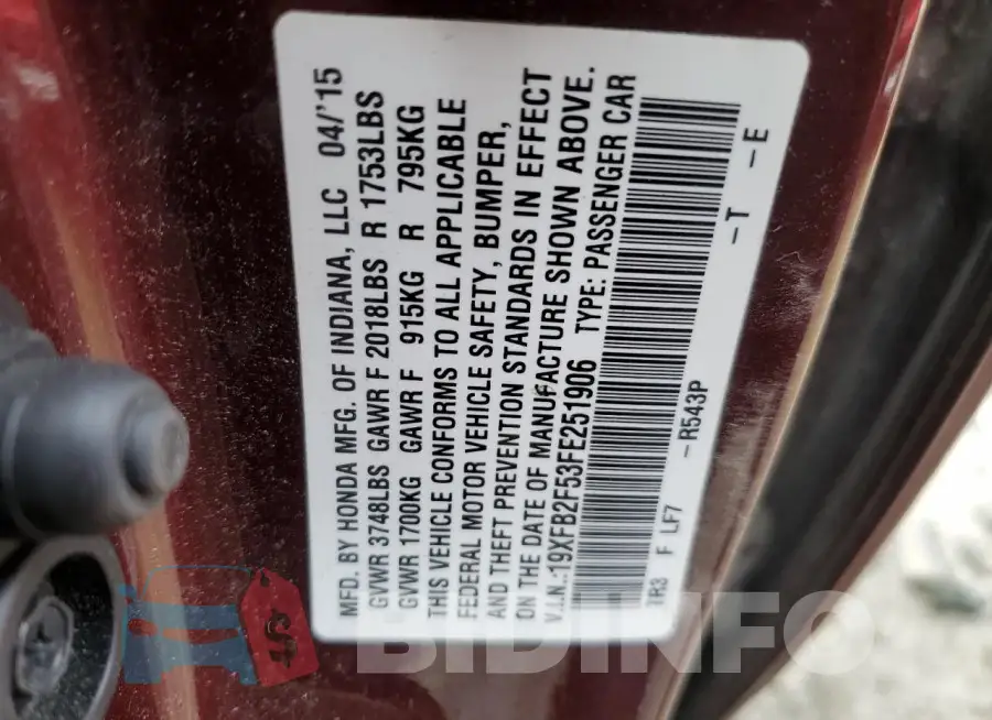 19XFB2F53FE251906 Photo# 12