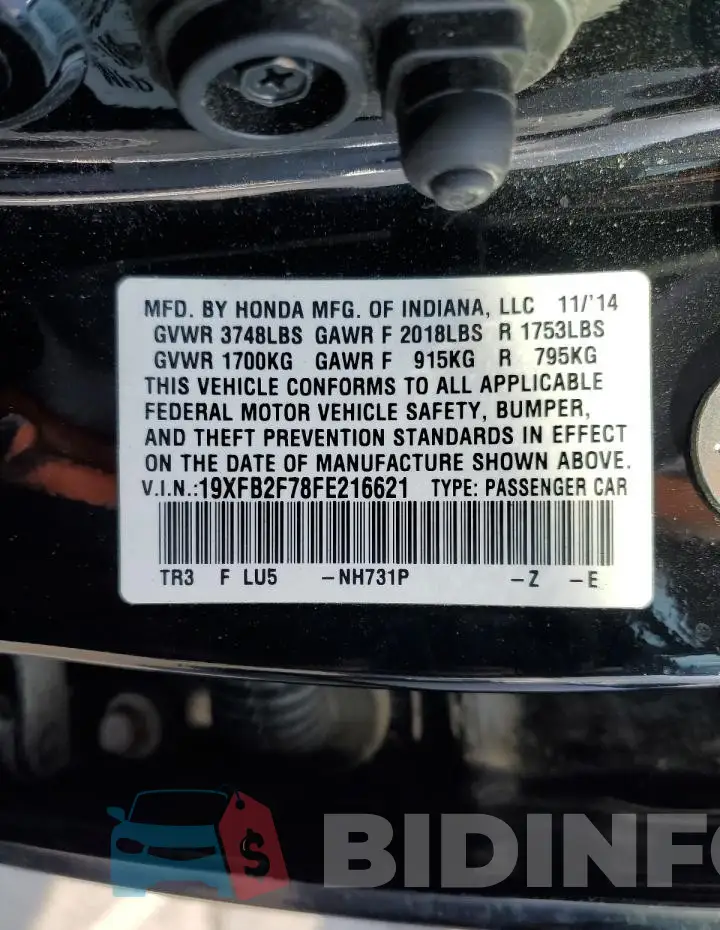 19XFB2F78FE216621 Photo# 12