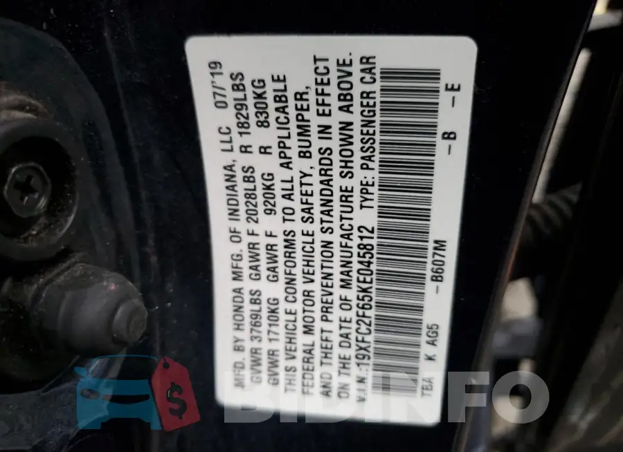 19XFC2F65KE045812 Photo# 12