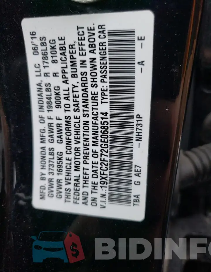 19XFC2F72GE068514 Photo# 12