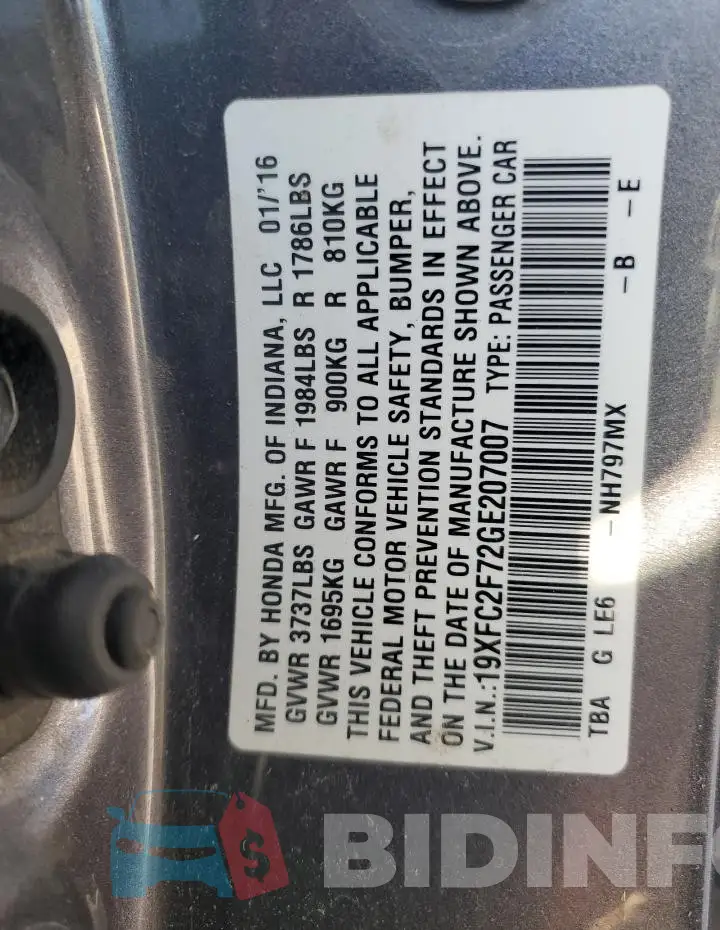 19XFC2F72GE207007 Photo# 12