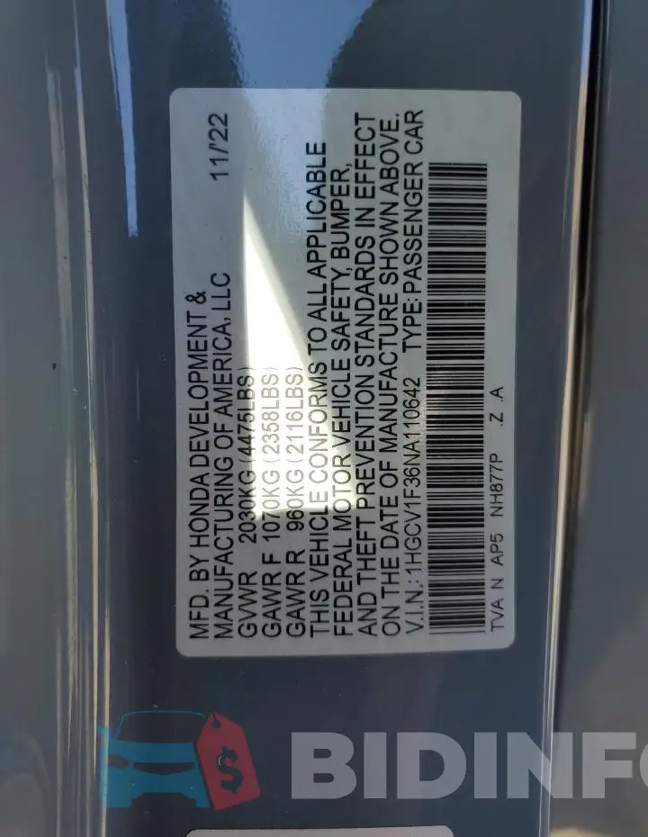 1HGCV1F36NA110642 Photo# 12