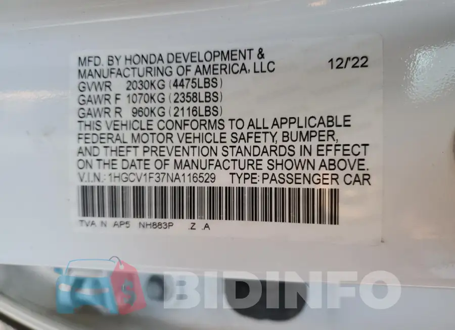 1HGCV1F37NA116529 Photo# 12