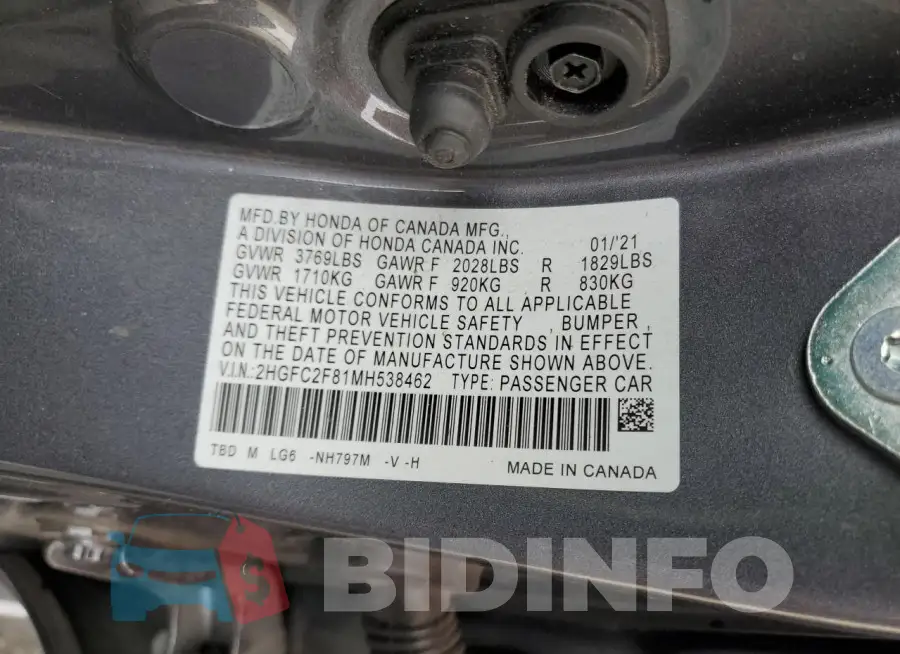 2HGFC2F81MH538462 Photo# 12