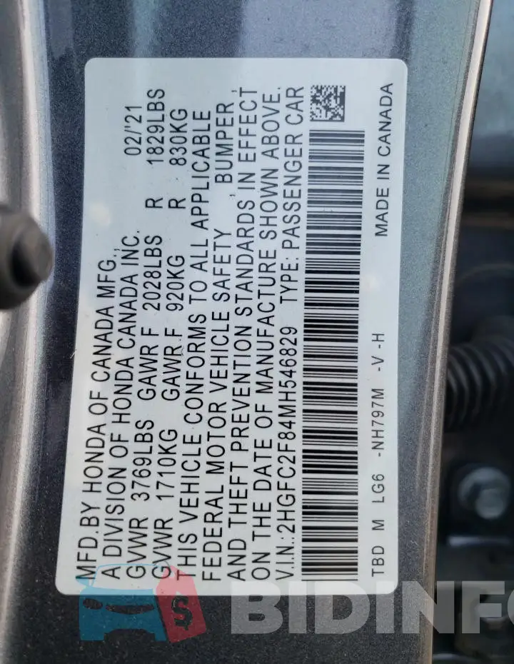 2HGFC2F84MH546829 Photo# 12