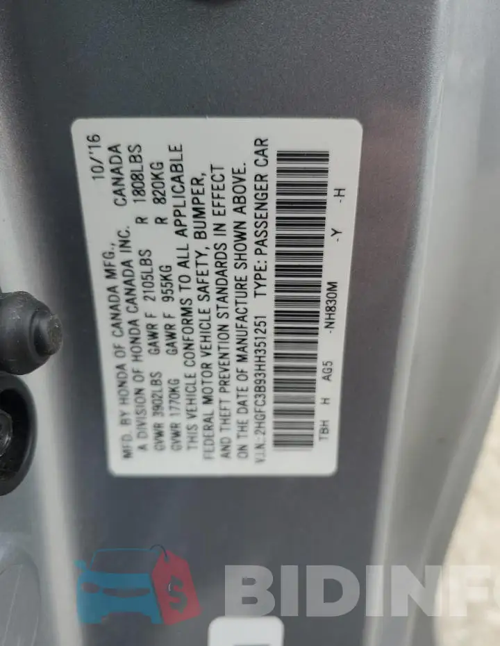 2HGFC3B93HH351251 Photo# 12