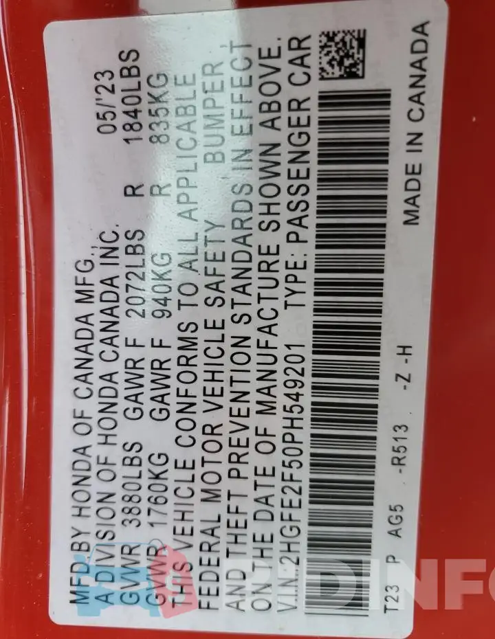 2HGFE2F50PH549201 Photo# 13