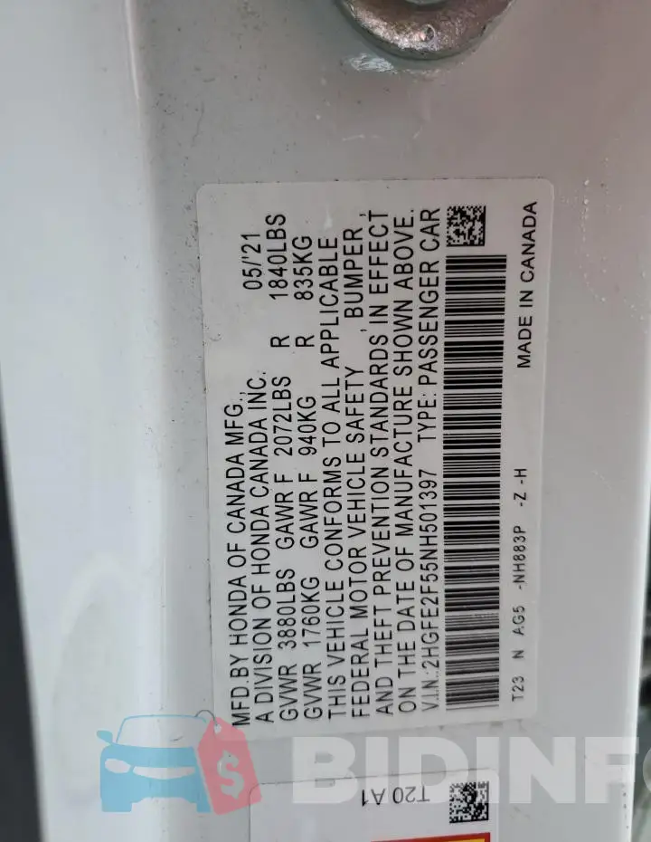 2HGFE2F55NH501397 Photo# 12