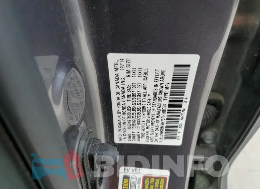 2HKRM3H73FH508053 Photo# 12