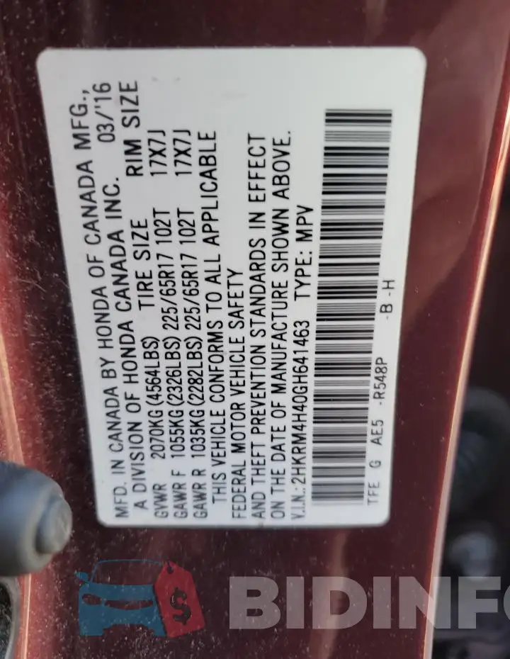 2HKRM4H40GH641463 Photo# 13