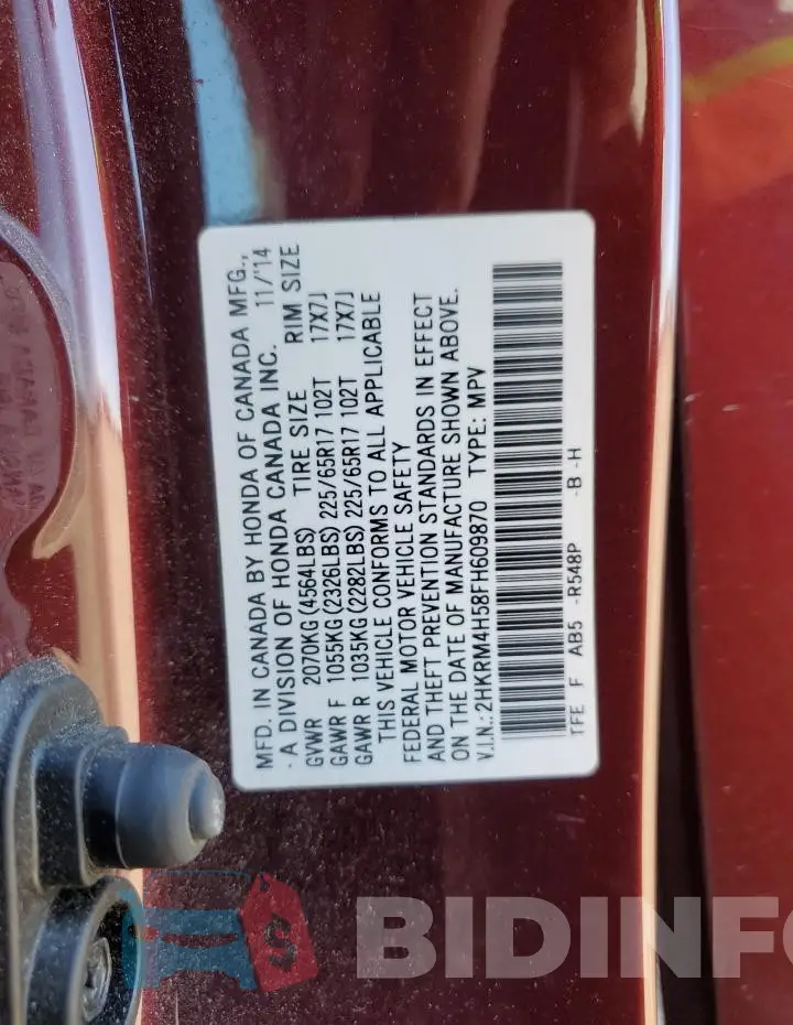 2HKRM4H58FH609870 Photo# 12