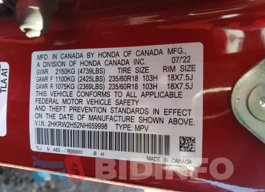 2HKRW2H52NH659998 Photo# 14
