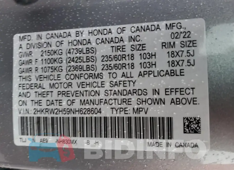 2HKRW2H59NH628604 Photo# 12