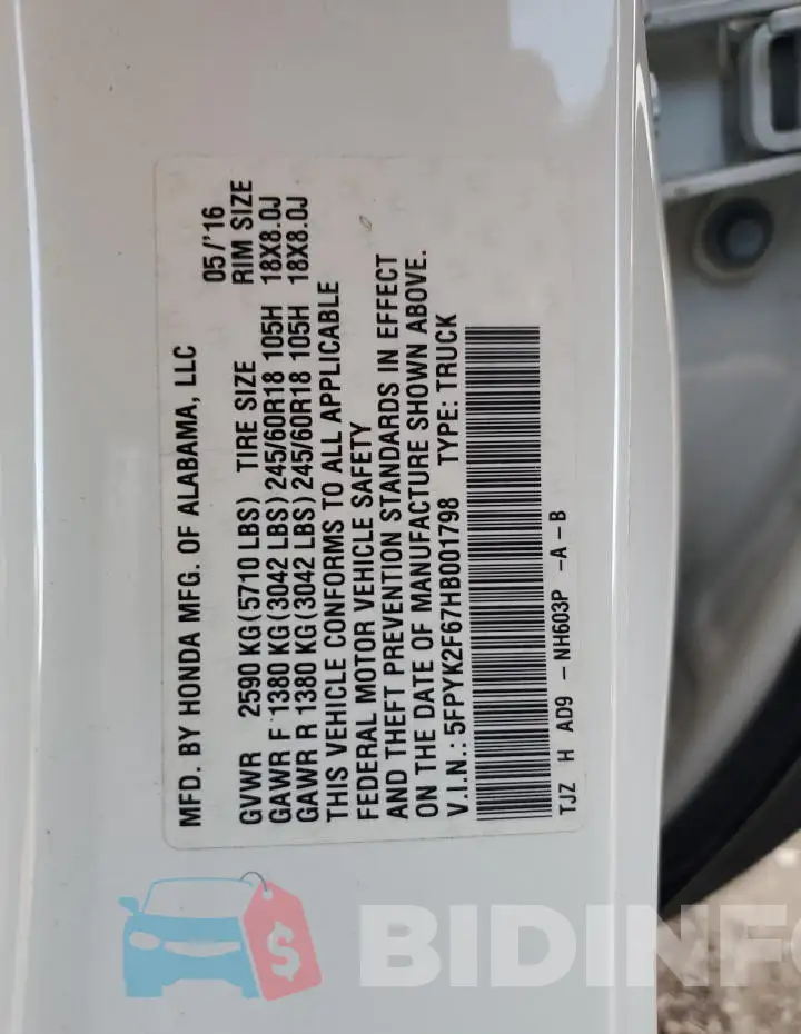 5FPYK2F67HB001798 Photo# 12