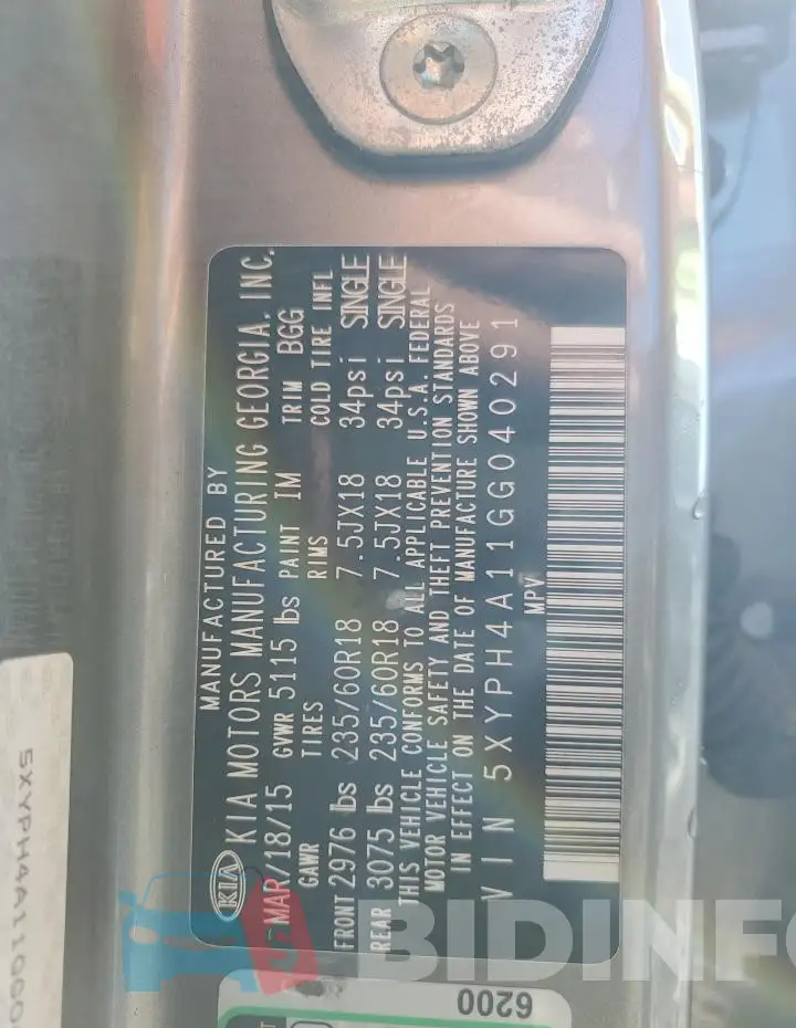 5XYPH4A11GG040291 Photo# 13