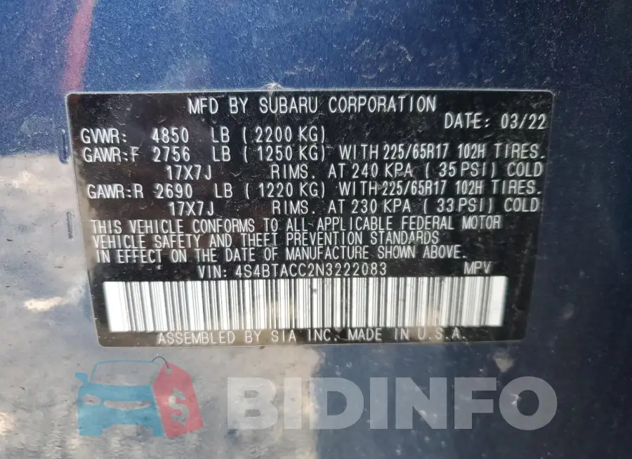 4S4BTACC2N3222083 Photo# 12