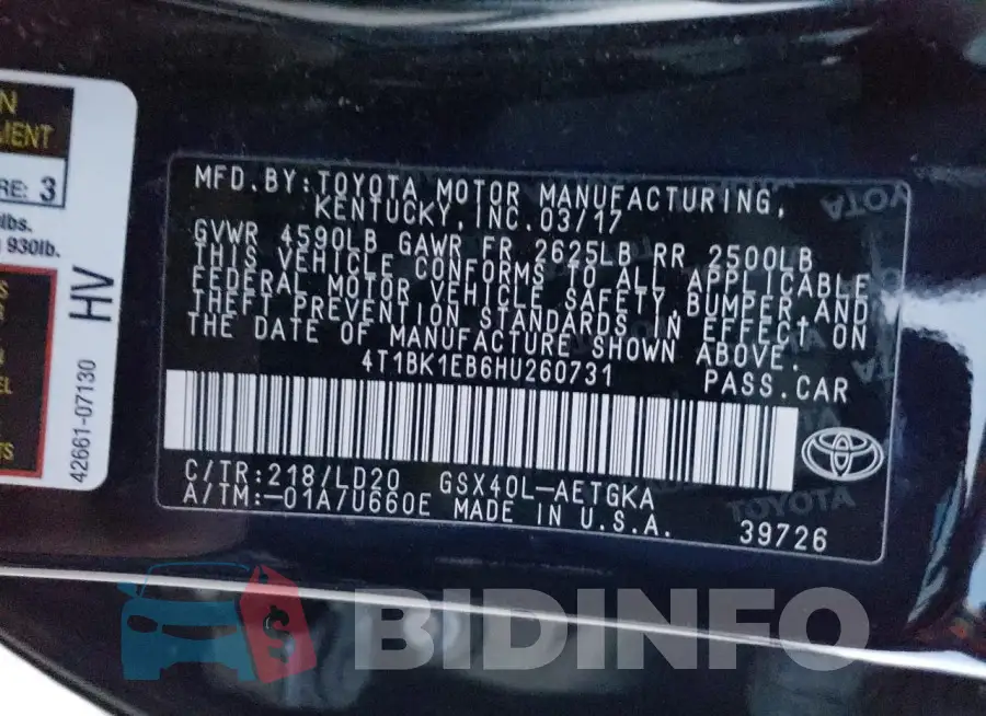 4T1BK1EB6HU260731 Photo# 12