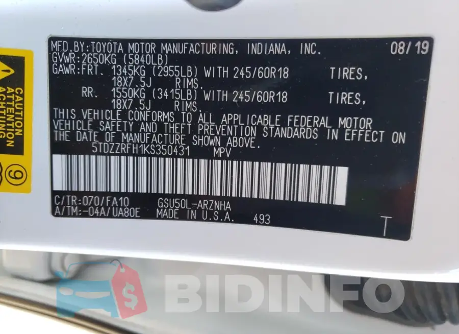 5TDZZRFH1KS350431 Photo# 12