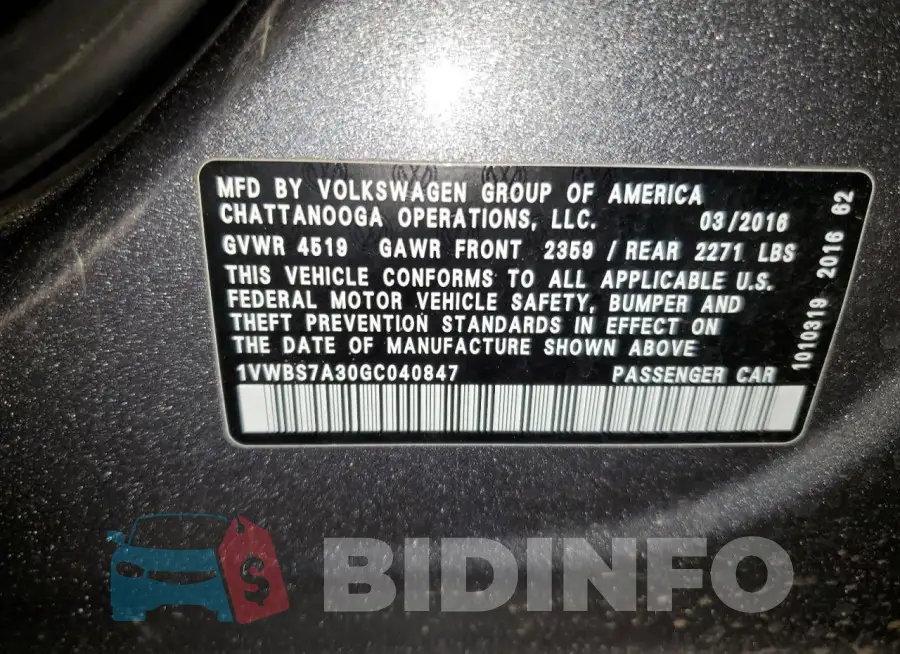 1VWBS7A30GC040847 Photo# 13