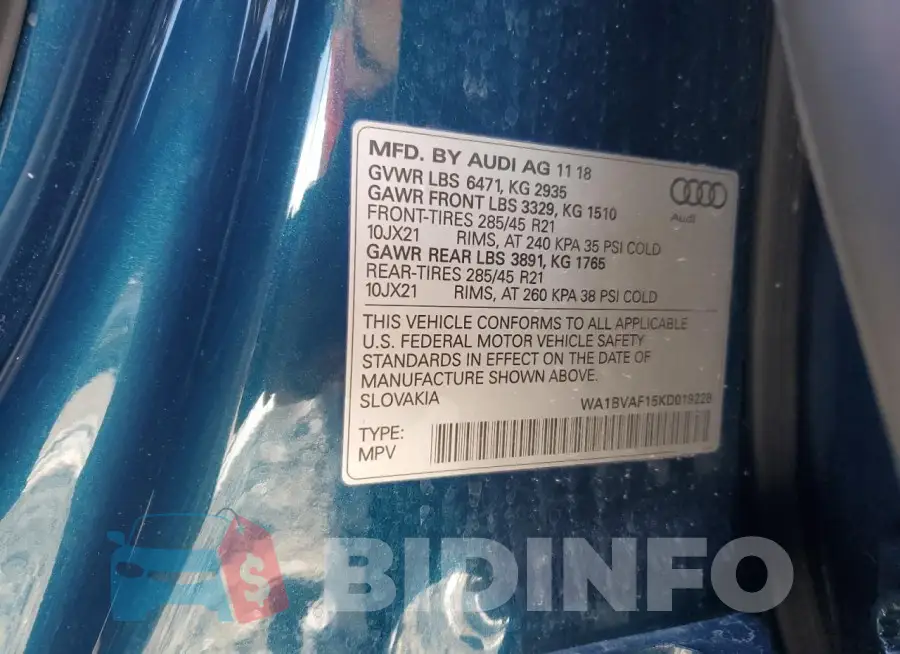WA1BVAF15KD019228 Photo# 13