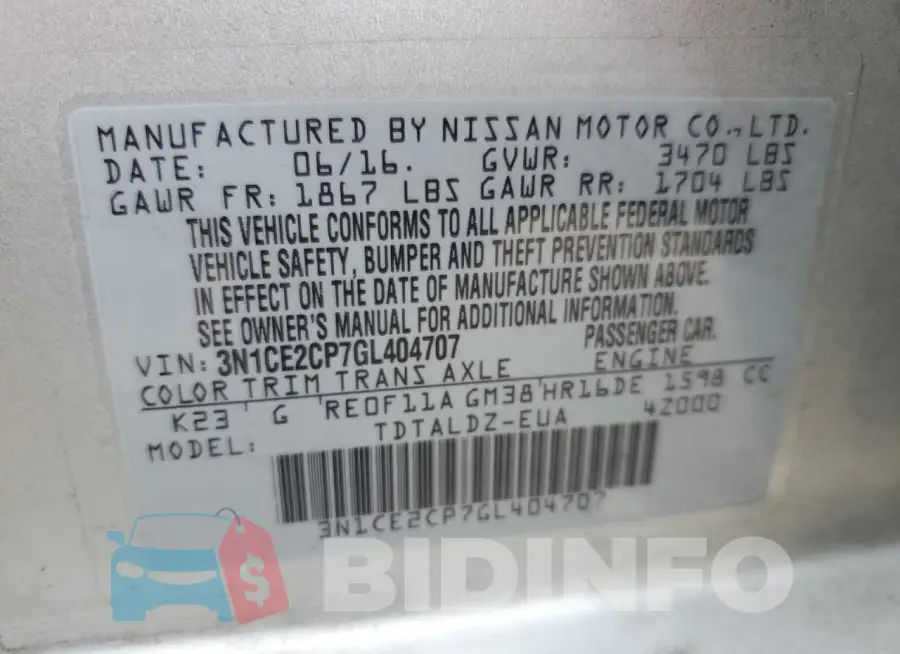 3N1CE2CP7GL404707 Photo# 12