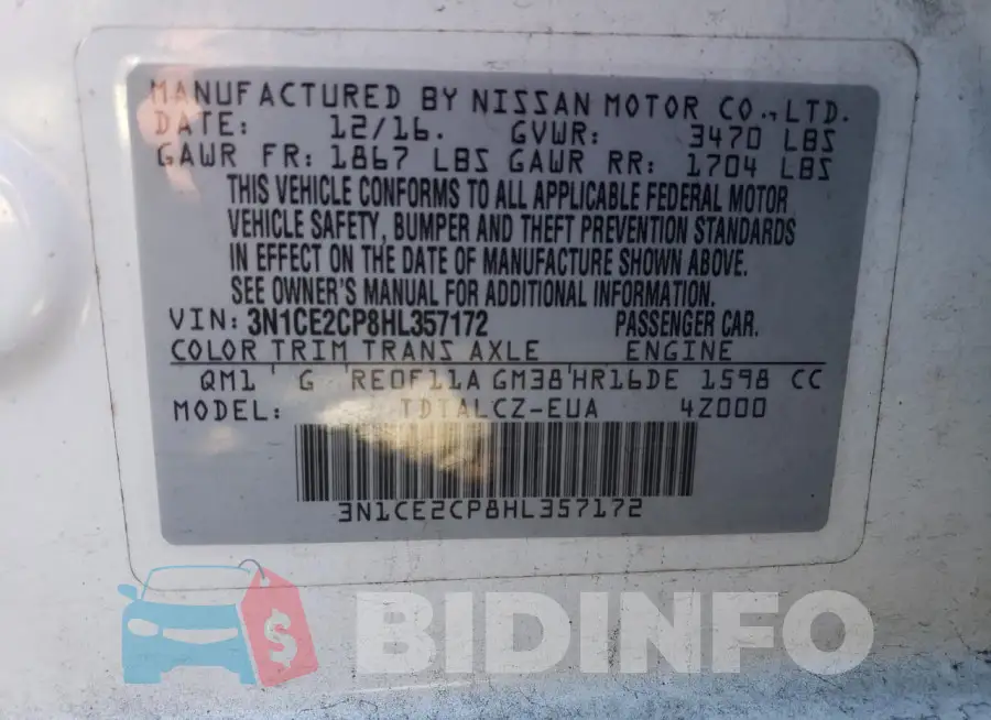 3N1CE2CP8HL357172 Photo# 12