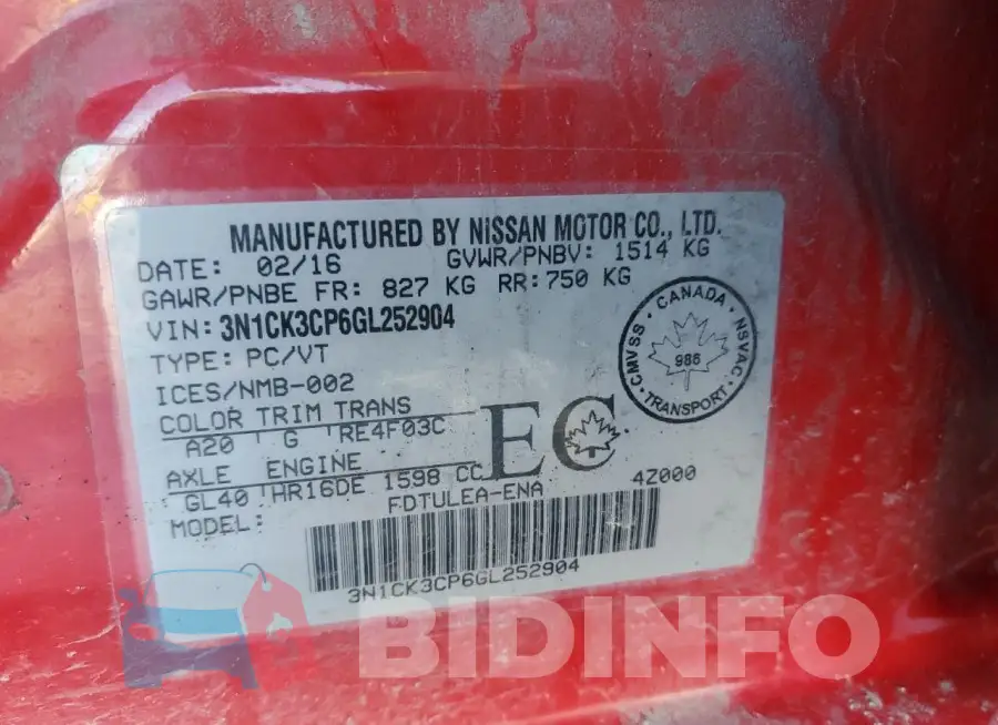 3N1CK3CP6GL252904 Photo# 13