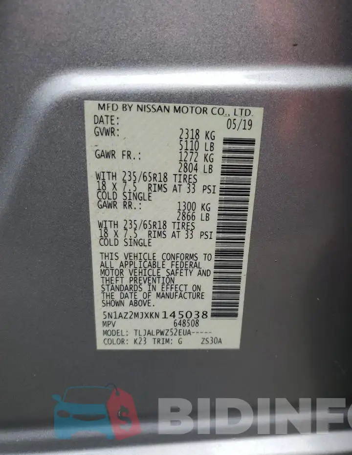 5N1AZ2MJXKN145038 Photo# 12
