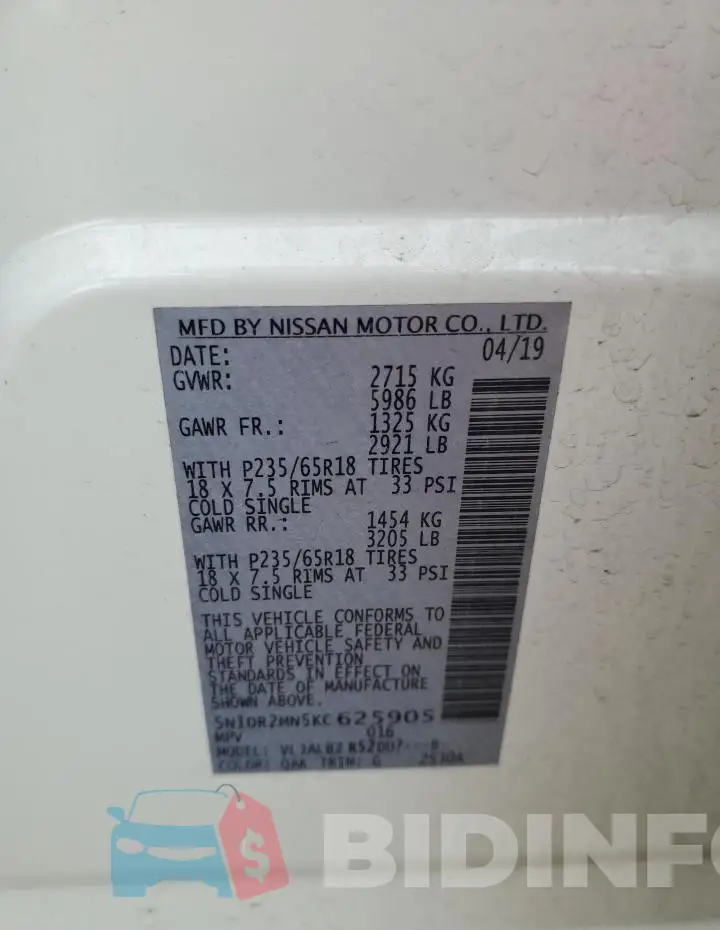 5N1DR2MN5KC625905 Photo# 13