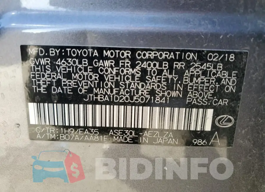 JTHBA1D20J5071841 Photo# 12