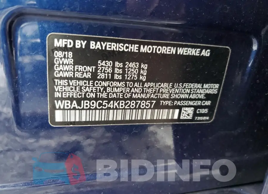 WBAJB9C54KB287857 Photo# 12