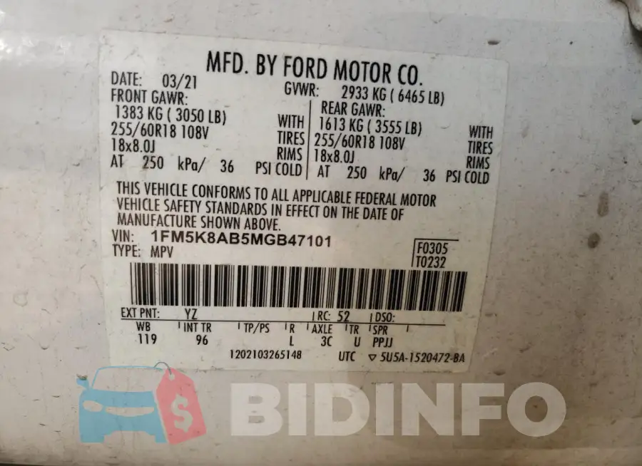 1FM5K8AB5MGB47101 Photo# 13