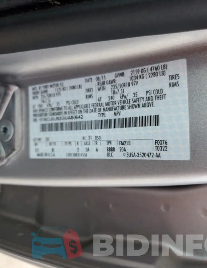 1FMCU0J92GUA80642 Photo# 12