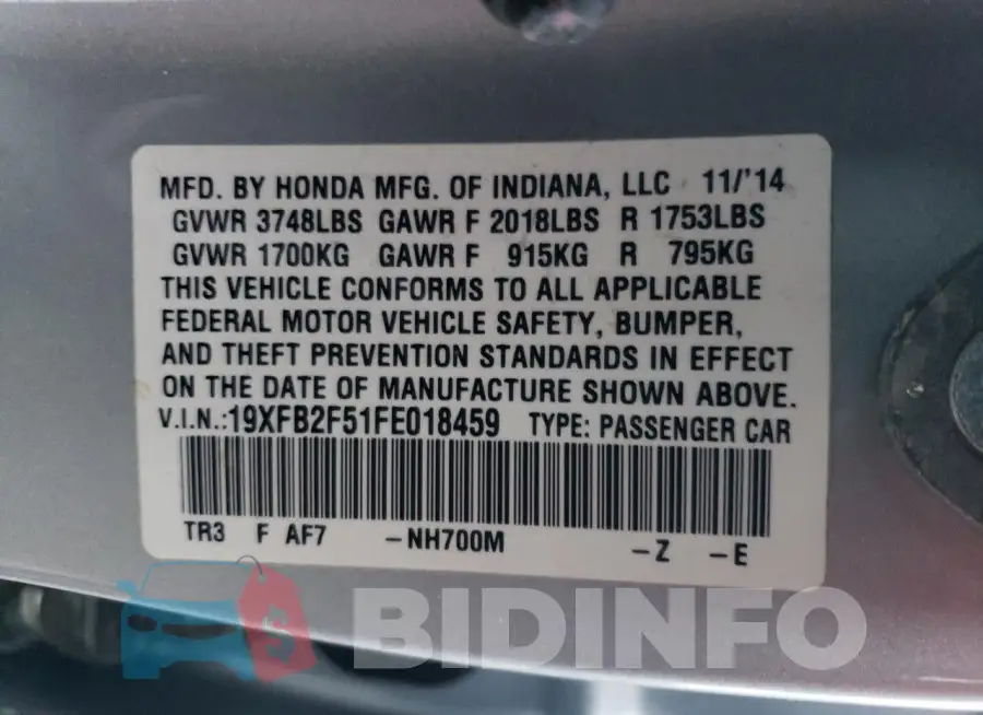 19XFB2F51FE018459 Photo# 13