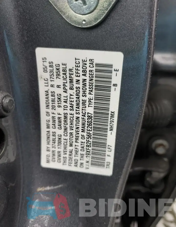 19XFB2F56FE260387 Photo# 12