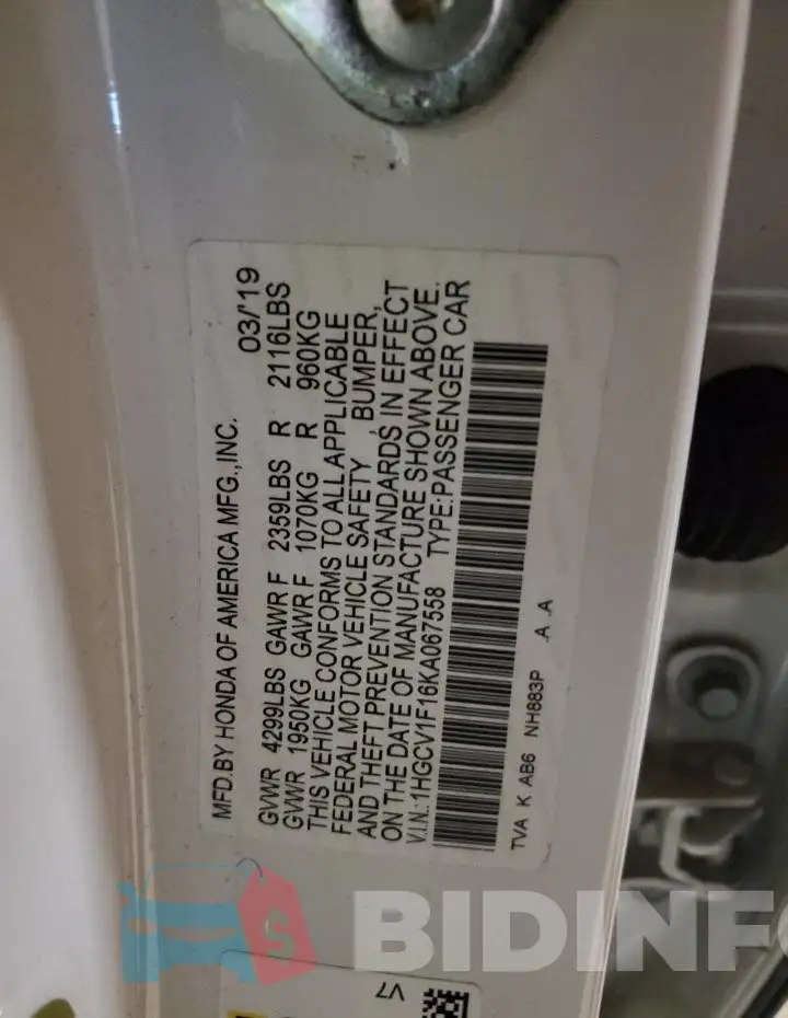 1HGCV1F16KA067558 Photo# 12