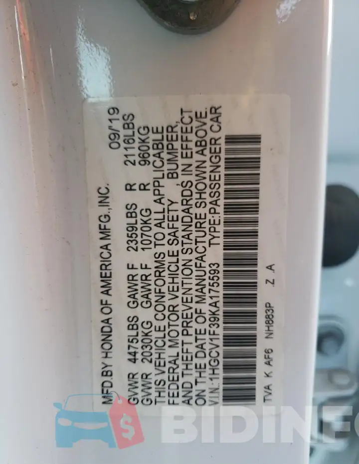 1HGCV1F39KA175593 Photo# 12