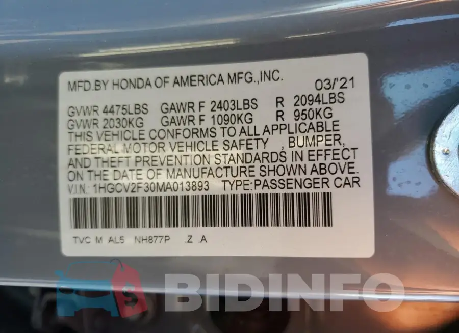 1HGCV2F30MA013893 Photo# 13