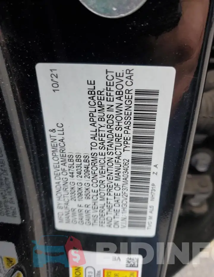 1HGCV2F37MA034062 Photo# 12
