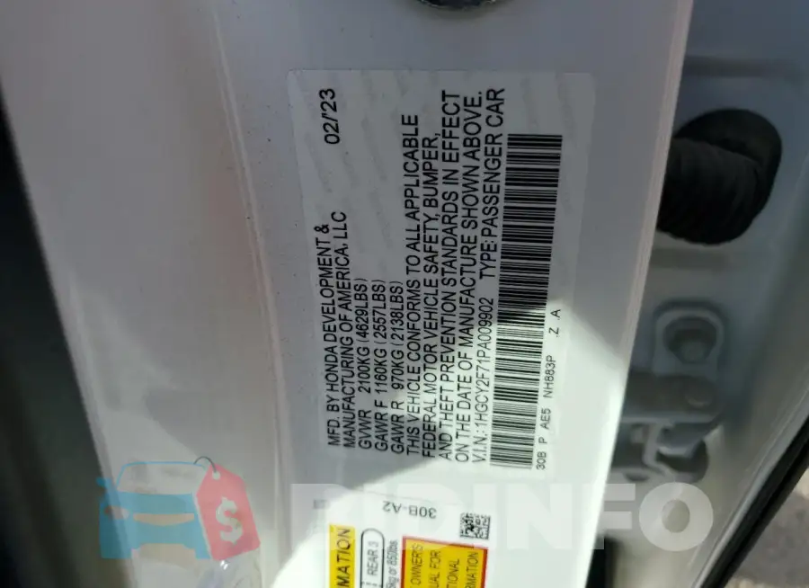 1HGCY2F71PA009902 Photo# 12