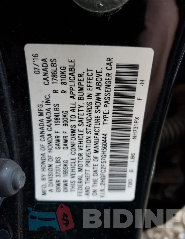 2HGFC2F57GH560444 Photo# 12